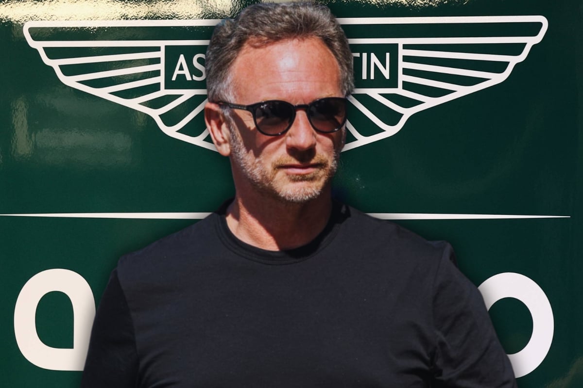Horner wearing a plain black tee and black sunglasses looking serious with an edited Aston Martin logo background in green and white