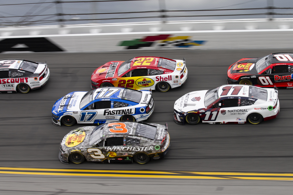An aerial close up shot mid-race during the 2025 Daytona 500