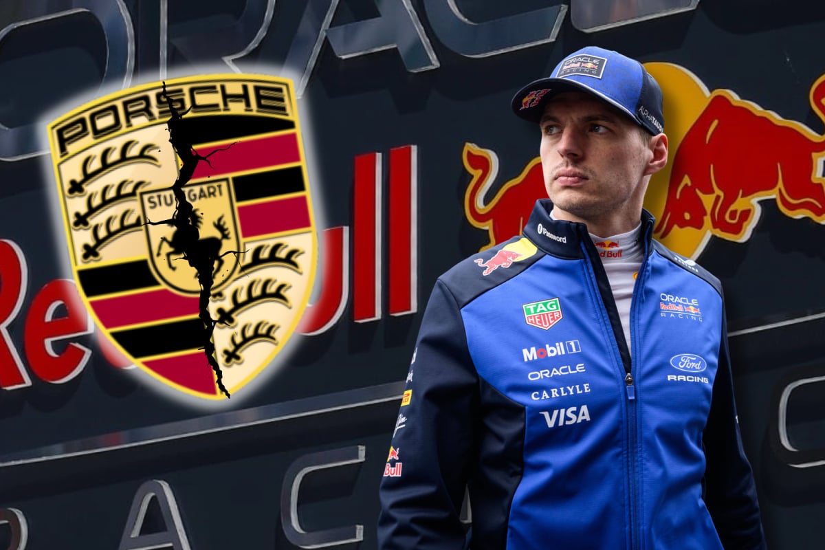 In a composite image, Max Verstappen is seen looking at a cracked Porsche badge to a Red Bull background