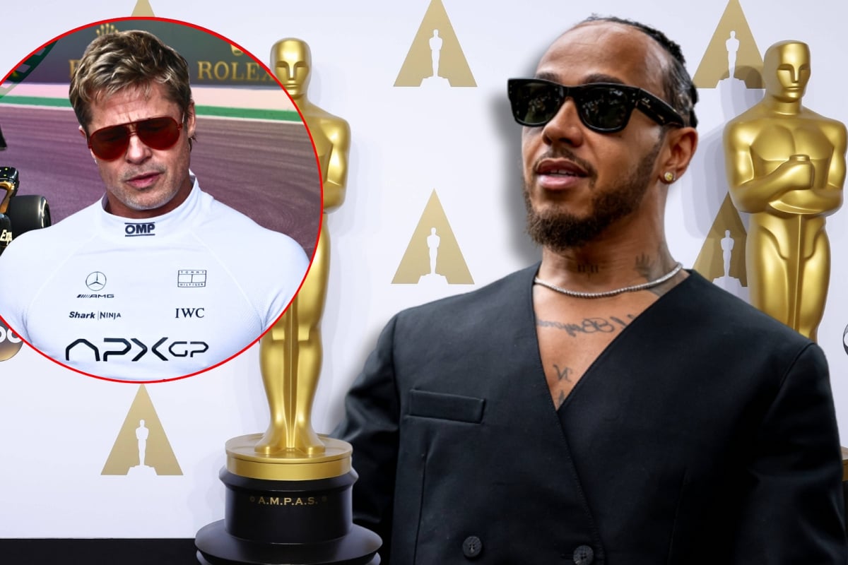 Hamilton in suit and glasses with Oscars-themed background with circular inset of Brad Pitt in APX GP F1 movie race suit