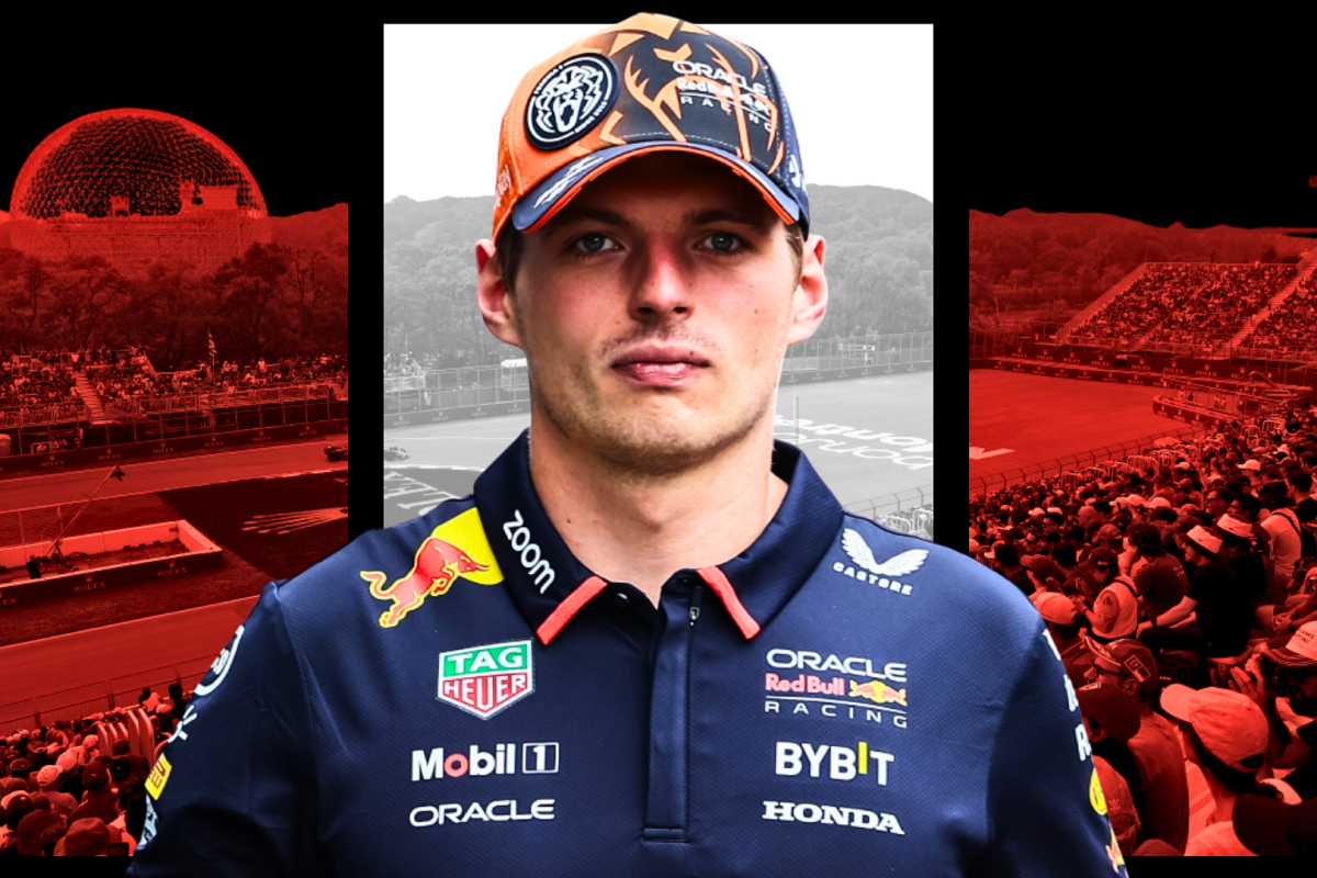 Verstappen in Red Bull kit in front of Canadian GP themed F1 background with flag colours
