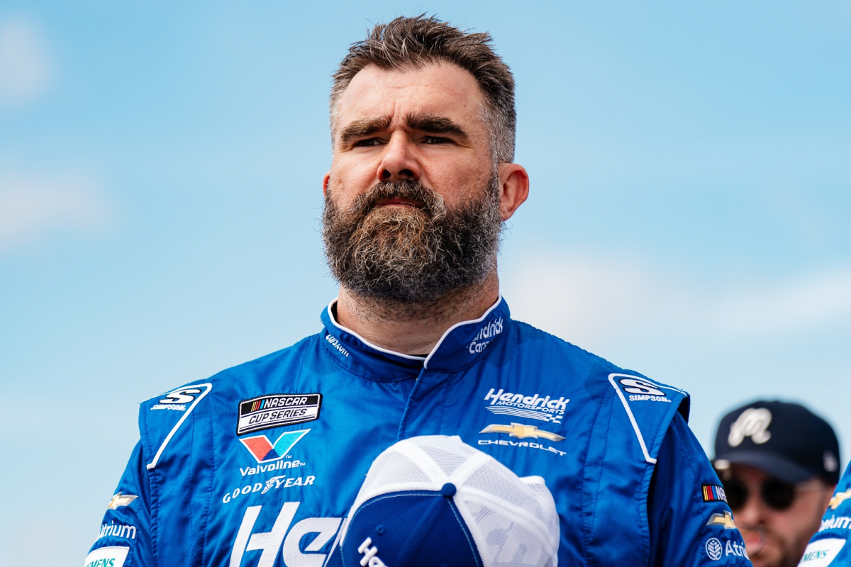 An image of NFL star Jason Kelce at the NASCAR O'Reilly Series race at Talladega Superspeedway