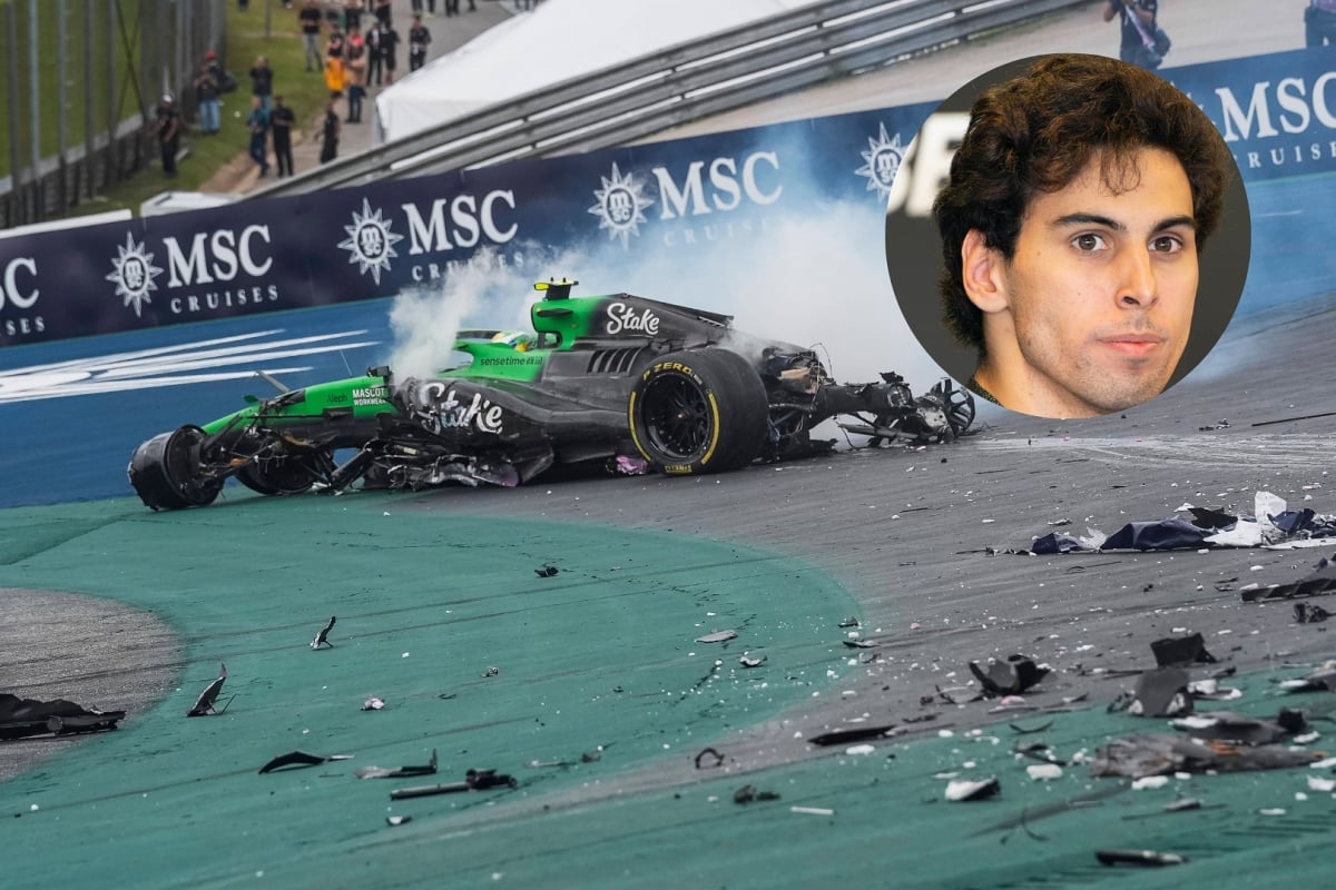 Gabriel Bortoleto's portrait is show alongside his wrecked Sauber car after a Brazil sprint crash