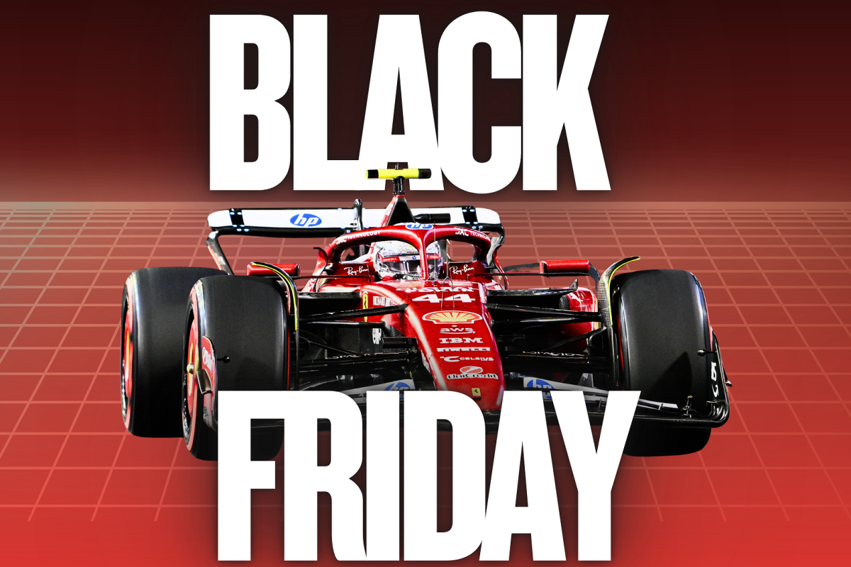 Red ombre background with grid overlay and white text that reads 'Black Friday' with Hamilton's Ferrari F1 car edited in front