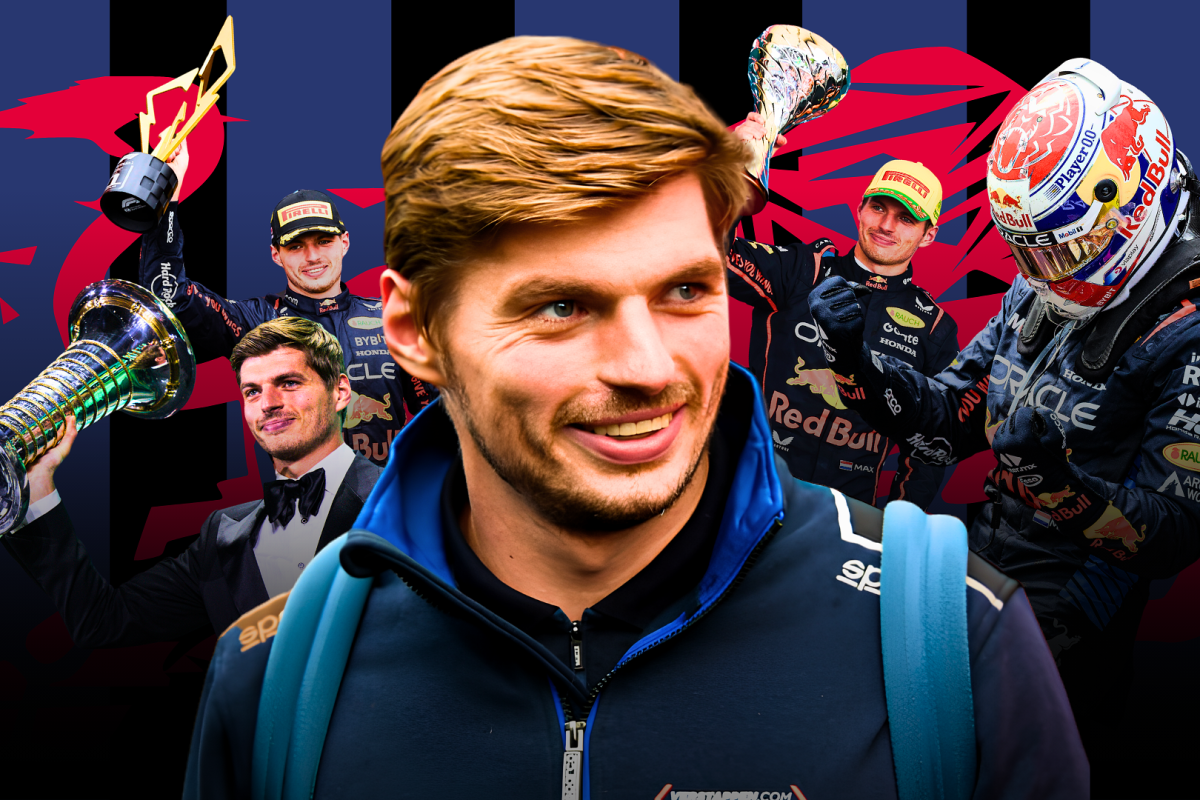 A collage of five different images of Verstappen holding F1 trophies in various Red Bull kits and a suit, with Red Bull-themed background