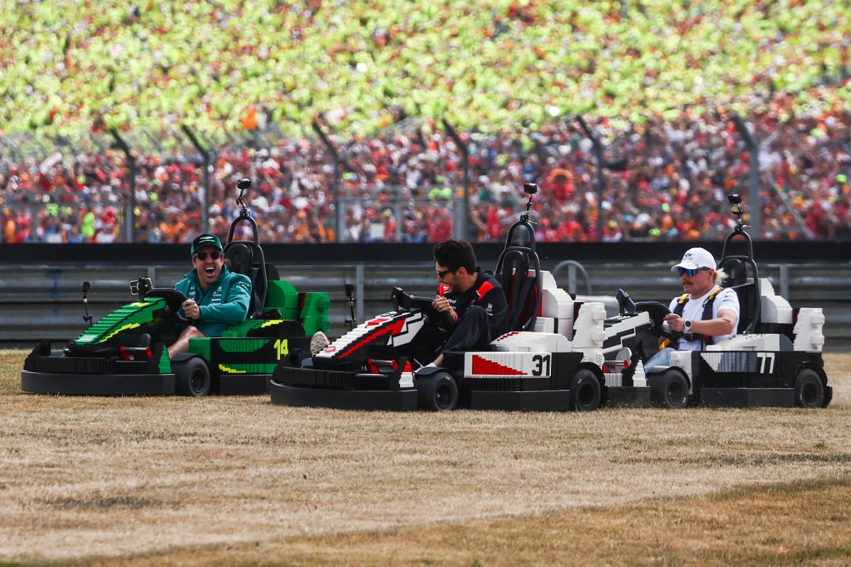 Fernando Alonso, Esteban Ocon and Valtteri Bottas race Lego karts at Silverstone