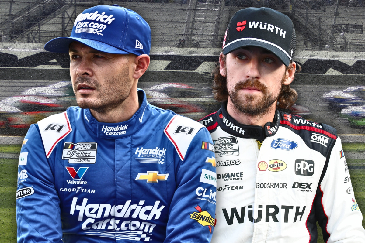 A composite graphic of NASCAR drivers Kyle Larson and Ryan Blaney with a Daytona 500 race background