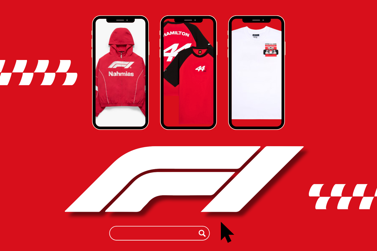 Red background with white checked pattern and three pieces of F1 merch on phones with a white F1 logo in the middle