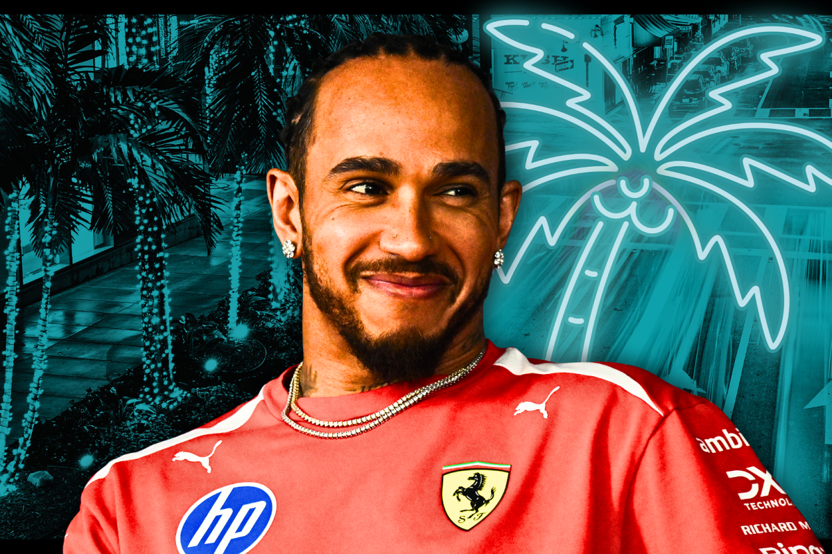 Lewis Hamilton looking happy edited on a backdrop of a neon blue Miami palm tree 