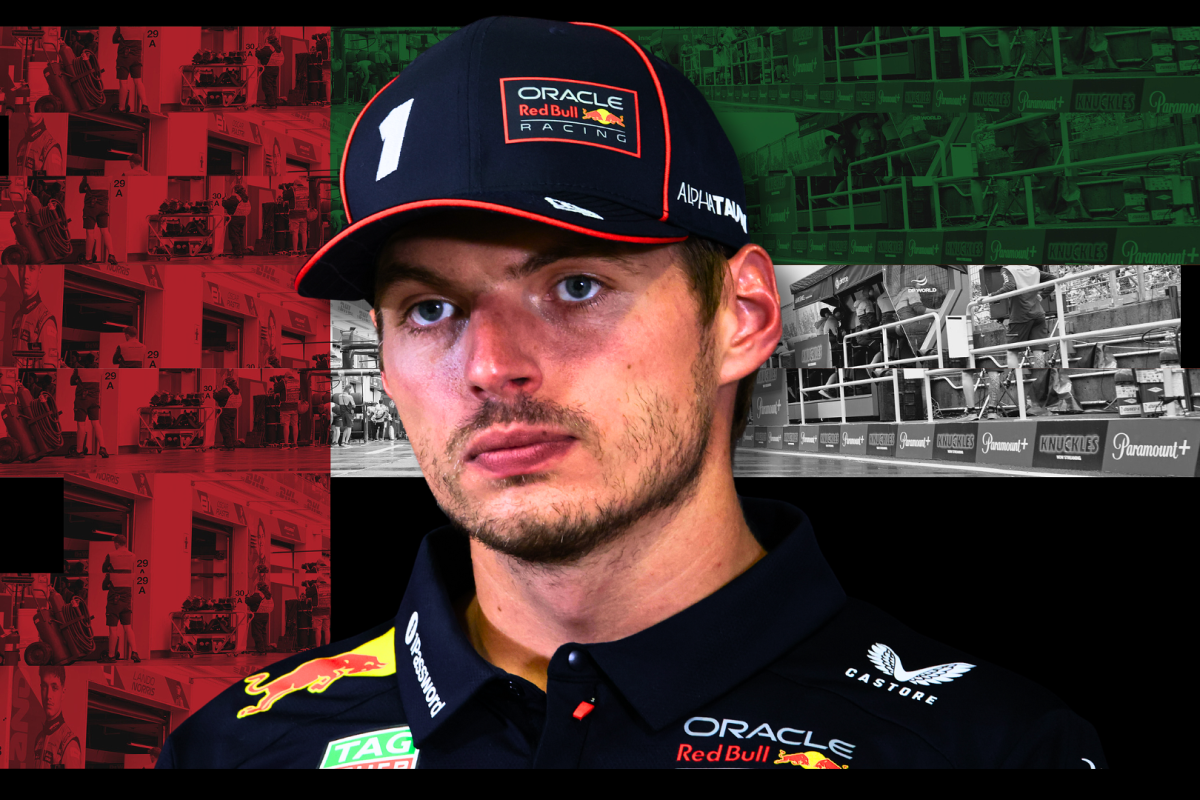 Max Verstappen looking disappointed edited onto a background of the Abu Dhabi flag