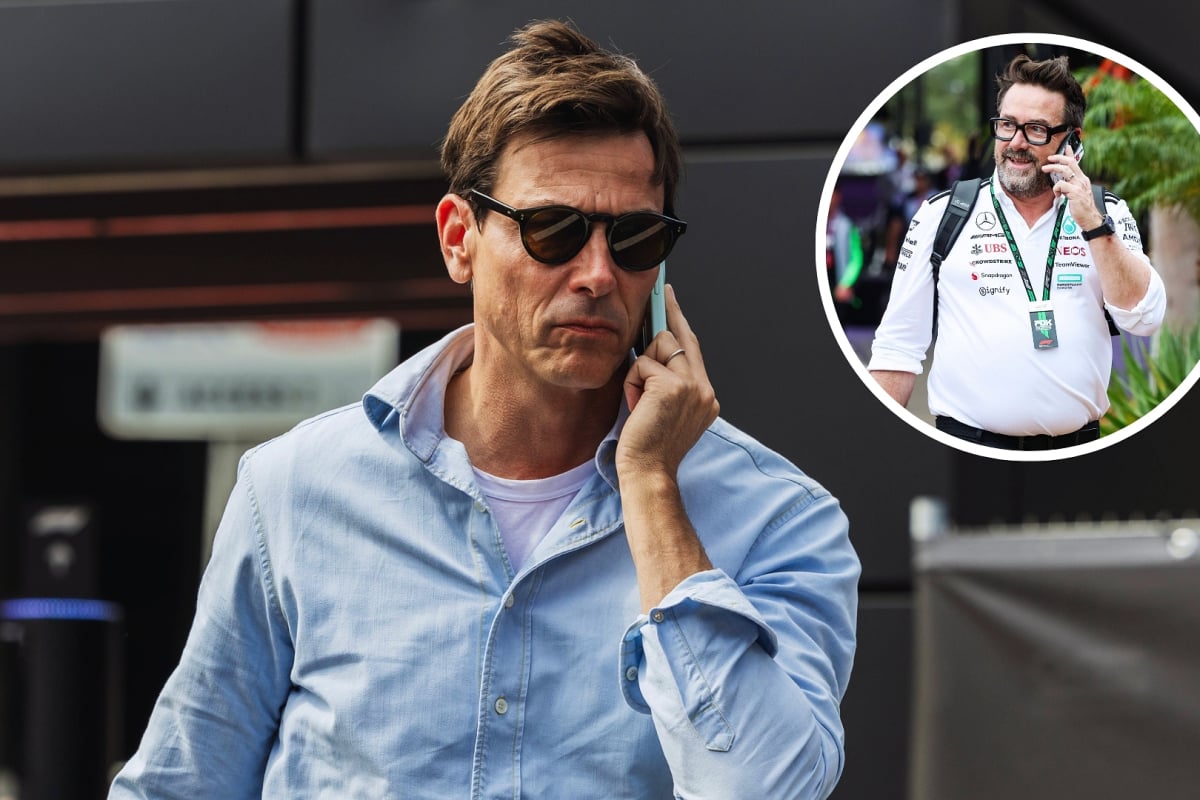 Wolff on the phone looking angry with a circular inset of Lagrue in a white Mercedes shirt smiling and also with a phone to his ear.