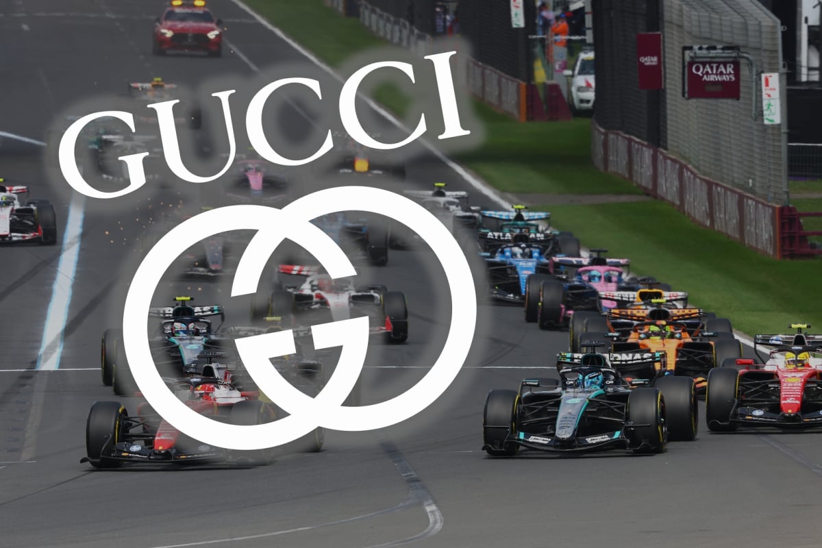 Gucci logo is placed on top of an F1 race start