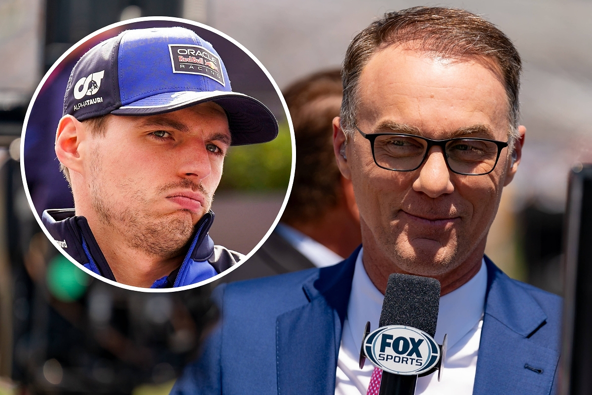 A composite image of NASCAR legend Kevin Harvick and a grumpy looking Max Verstappen