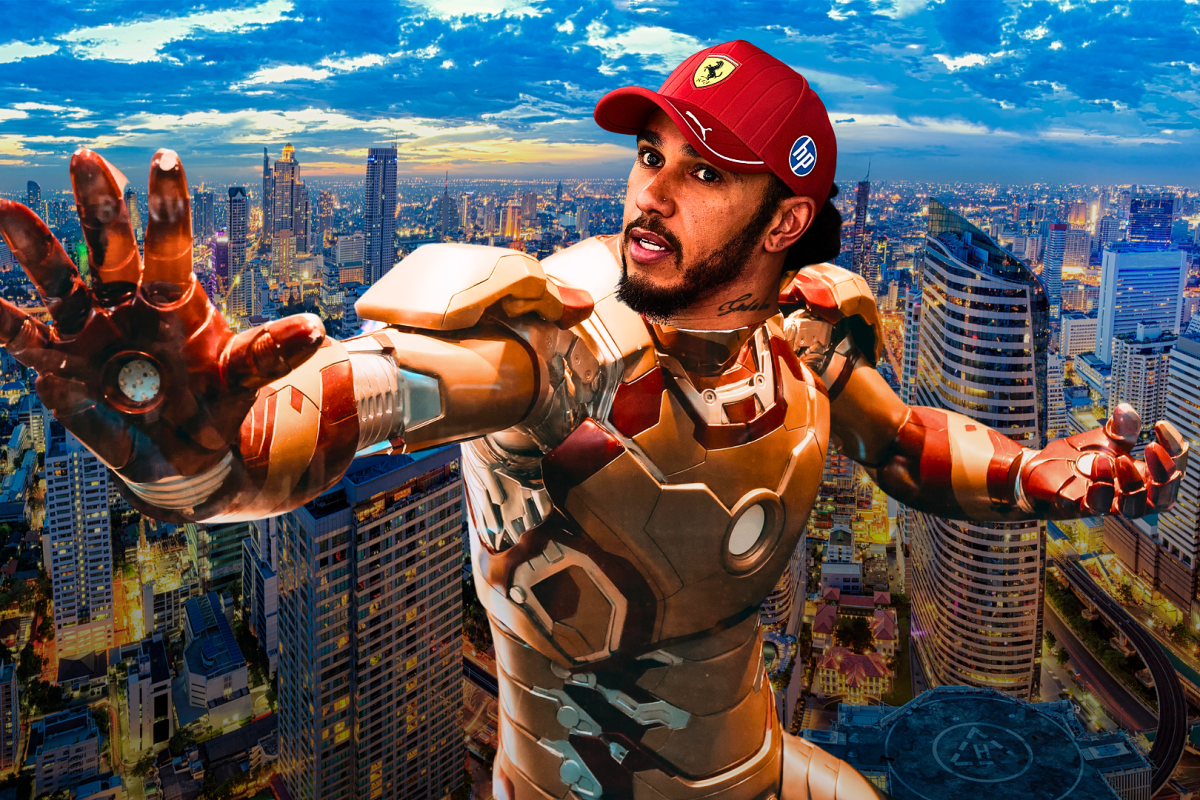 Lewis Hamilton's head on Iron Man's body in front of a generic cityscape image