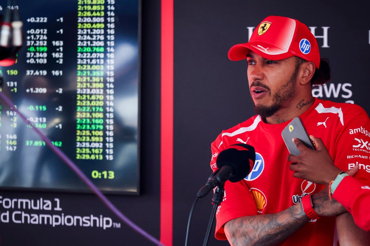 Lewis Hamilton in the media pen at the Belgian GP