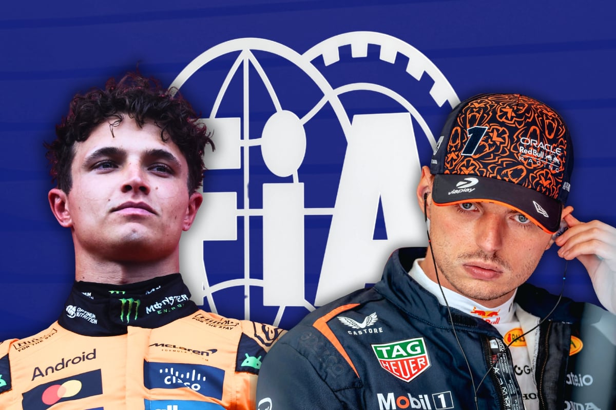 Norris and Verstappen in front of FIA logo