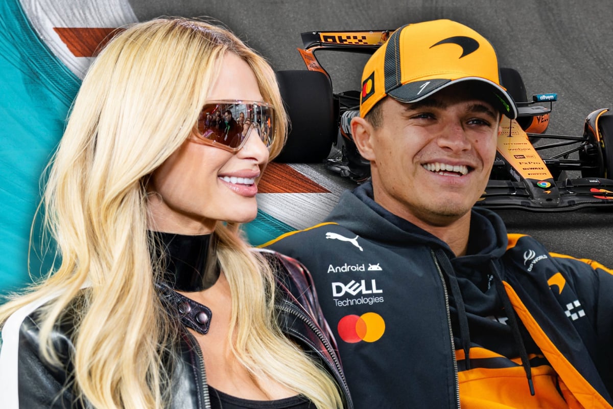 Hilton wearing reflective sunglasses and racing jacket edited next to Norris in McLaren kit with McLaren car on Miami circuit in the background