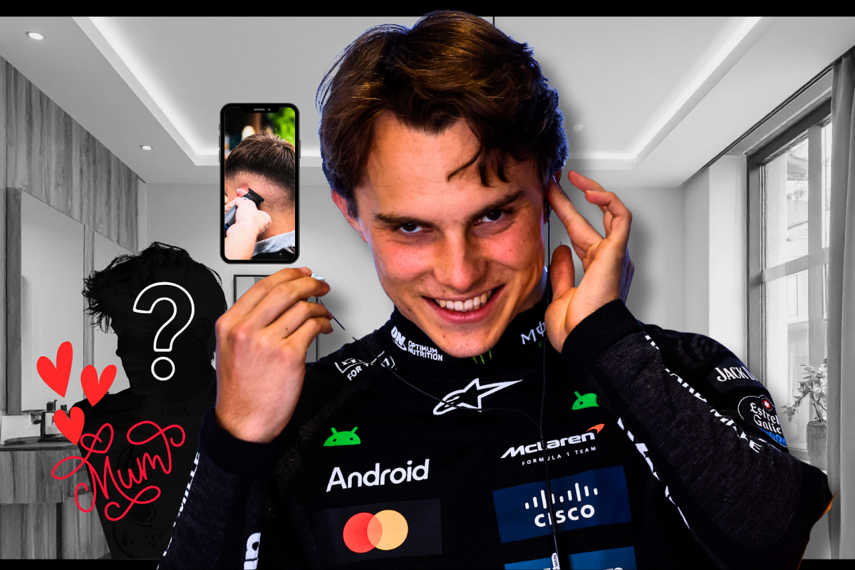 Oscar Piastri edited into a hairdressers with a mirror showing a short back and sides alongside a mystery driver and the word 'Mum' in red accompanied by love hearts