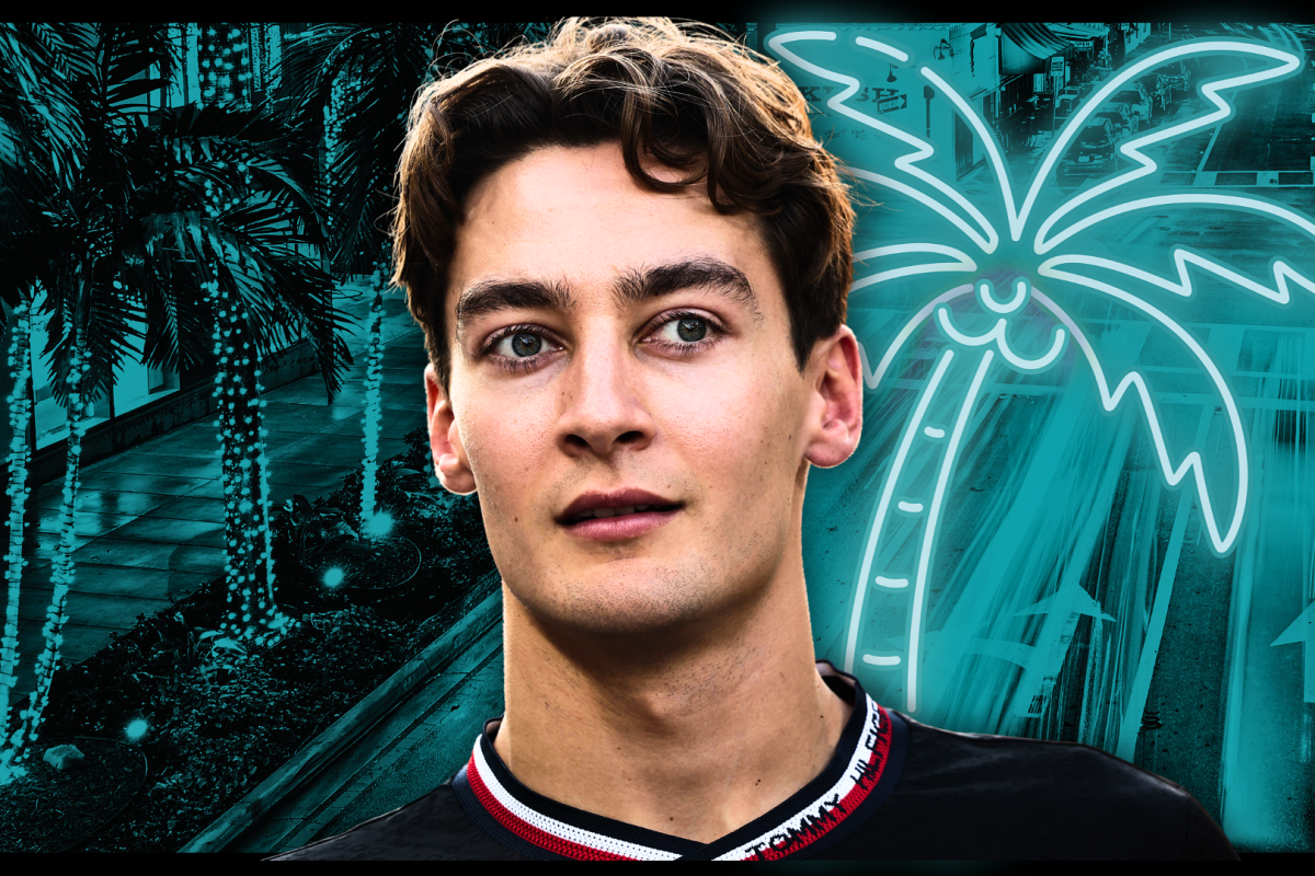 George Russell looking happy edited on a backdrop of a neon blue Miami palm tree 