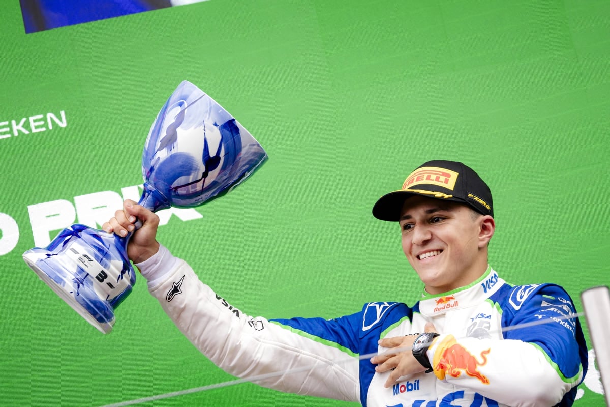 Isack Hadjar celebrating his first podium at the 2025 Dutch Grand Prix