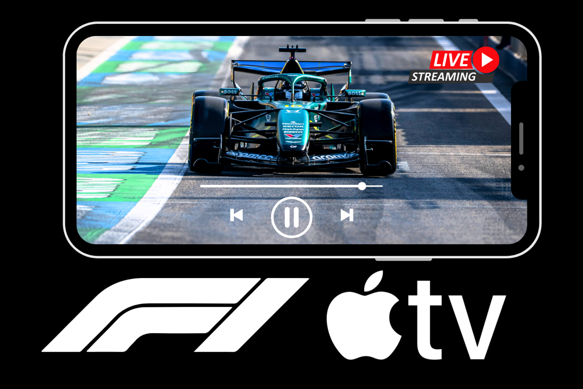 Aston Martin F1 car on track shown on sideways iphone with F1 and Apple TV logos underneath it in white on black background