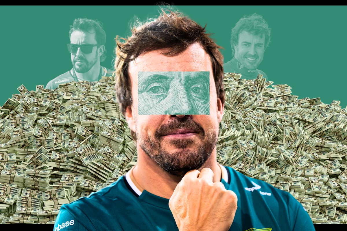 Fernando Alonso smiling while being surrounded by falling bank notes