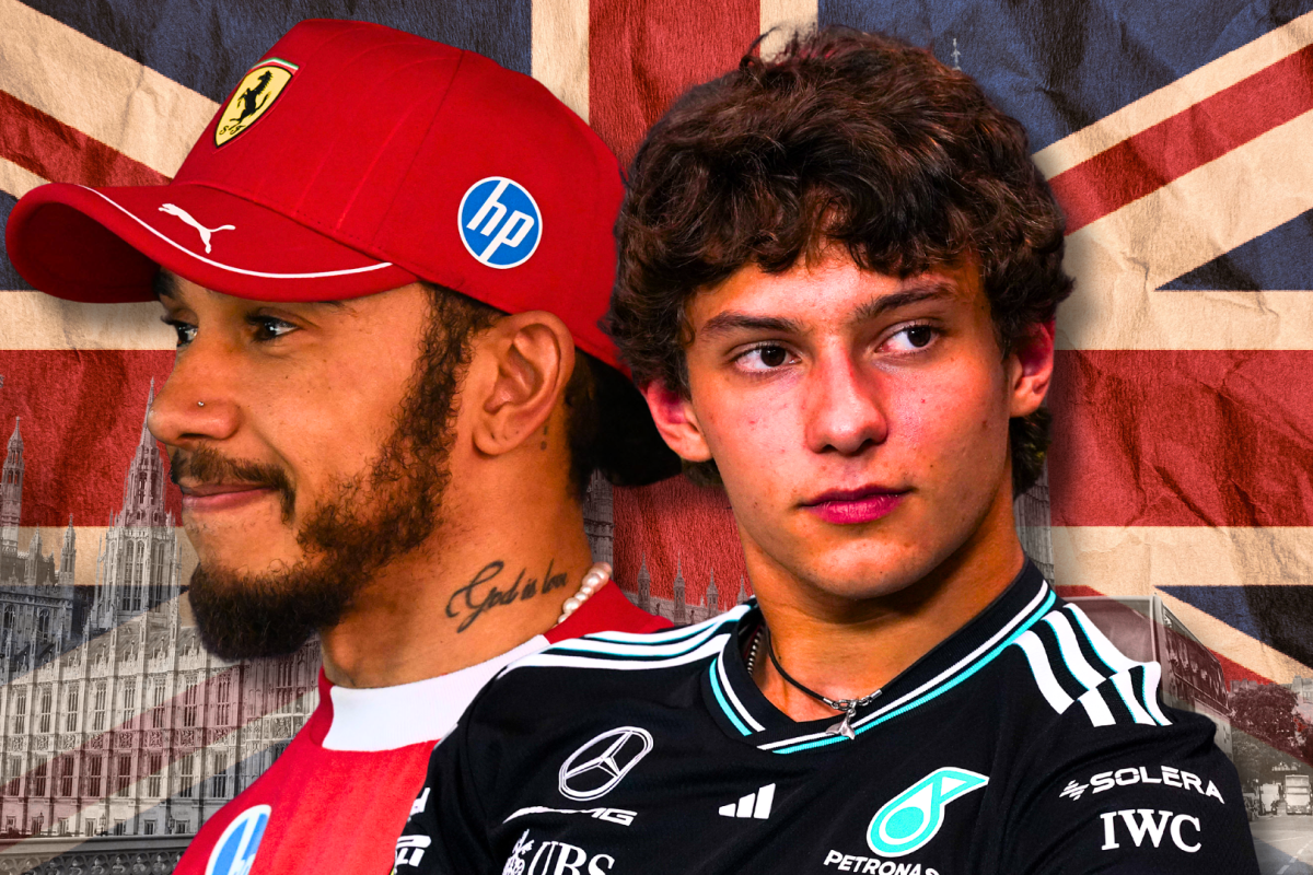 Lewis Hamilton and Kimi Antonelli in front of the British flag
