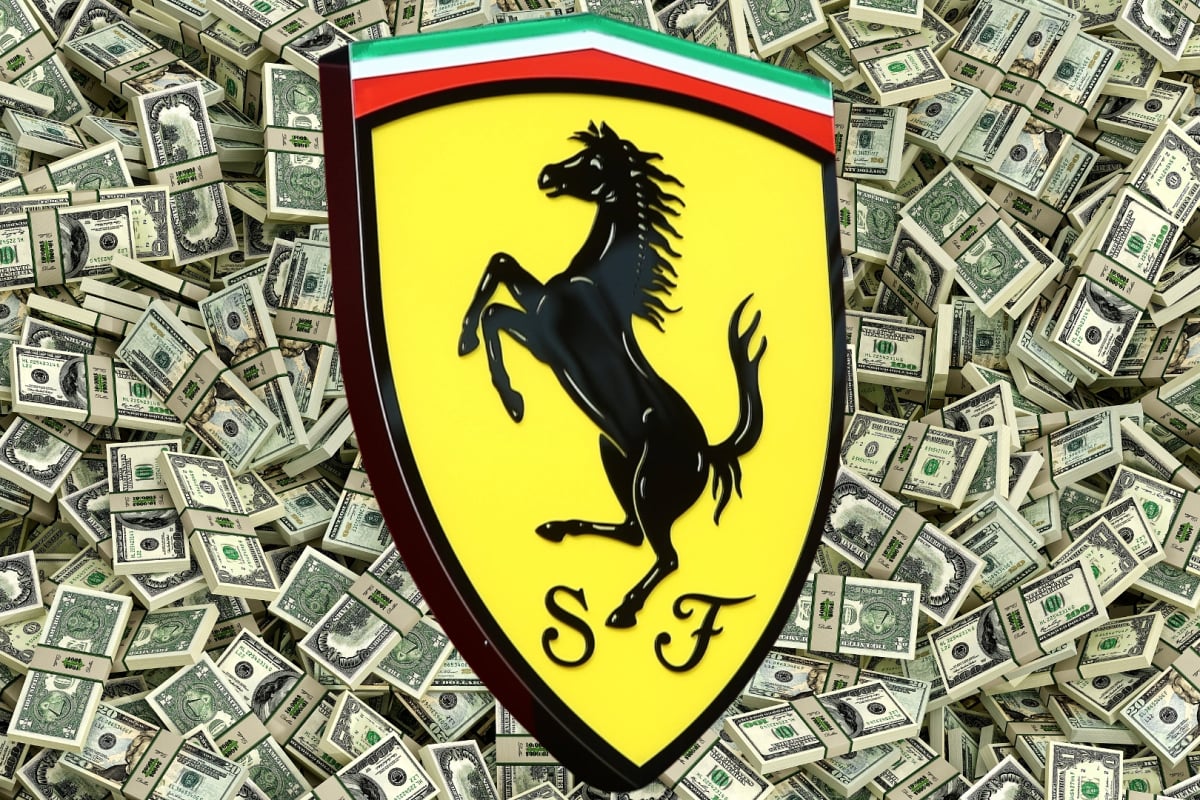 A Ferrari logo is pictured in front of a background of cash