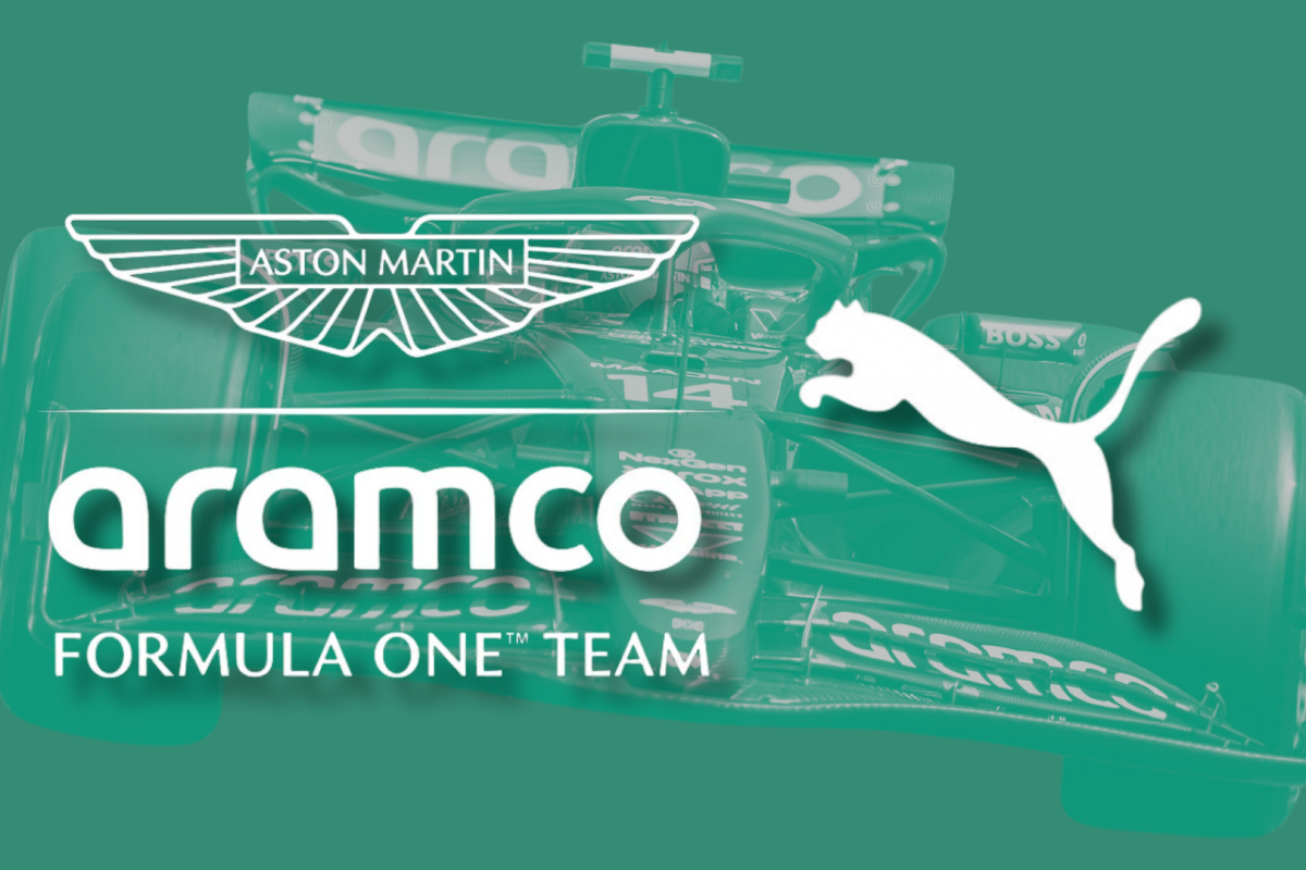 Aston Martin F1 car shadow with a green background and the team logo and PUMA logo edited over the top