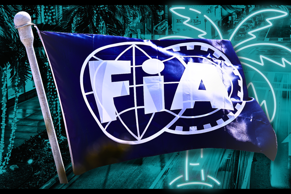 An FIA flag edited on a backdrop of a neon blue Miami palm tree 