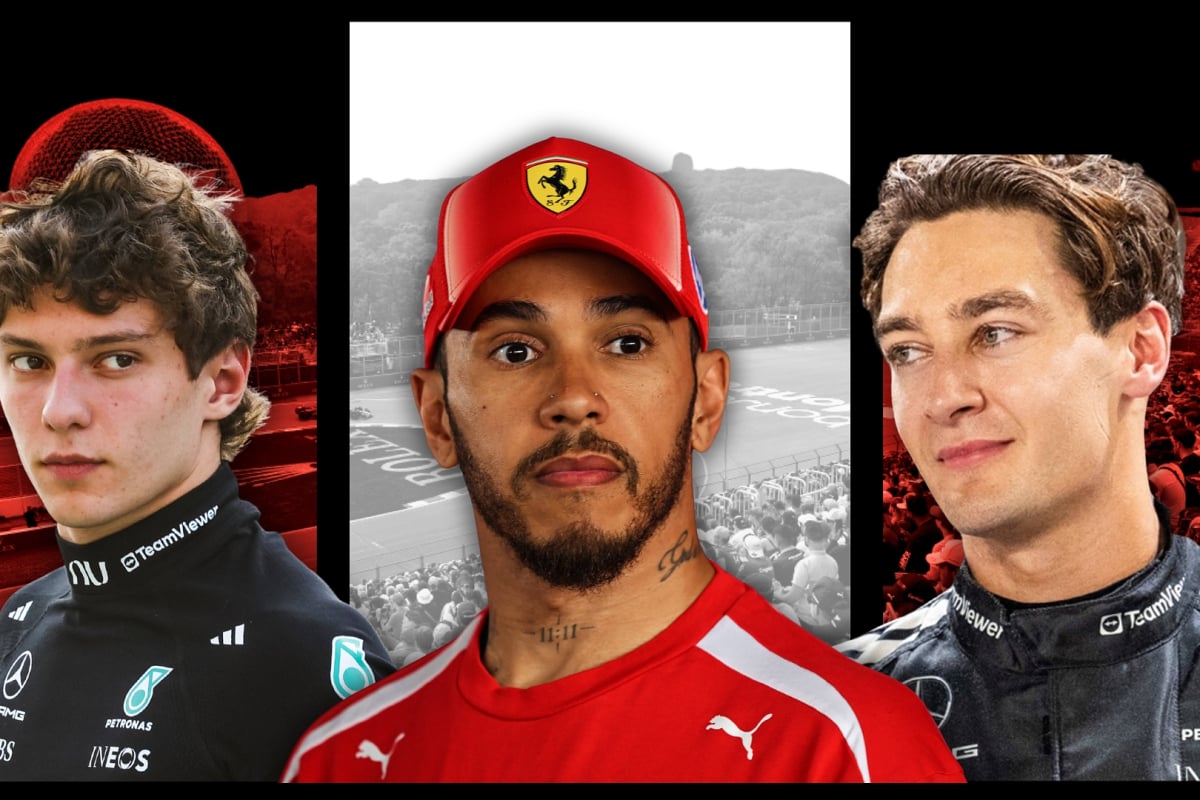 Antonelli and Russell on Hamilton's shoulder, all three looking serious with red and white Canadian GP-themed background