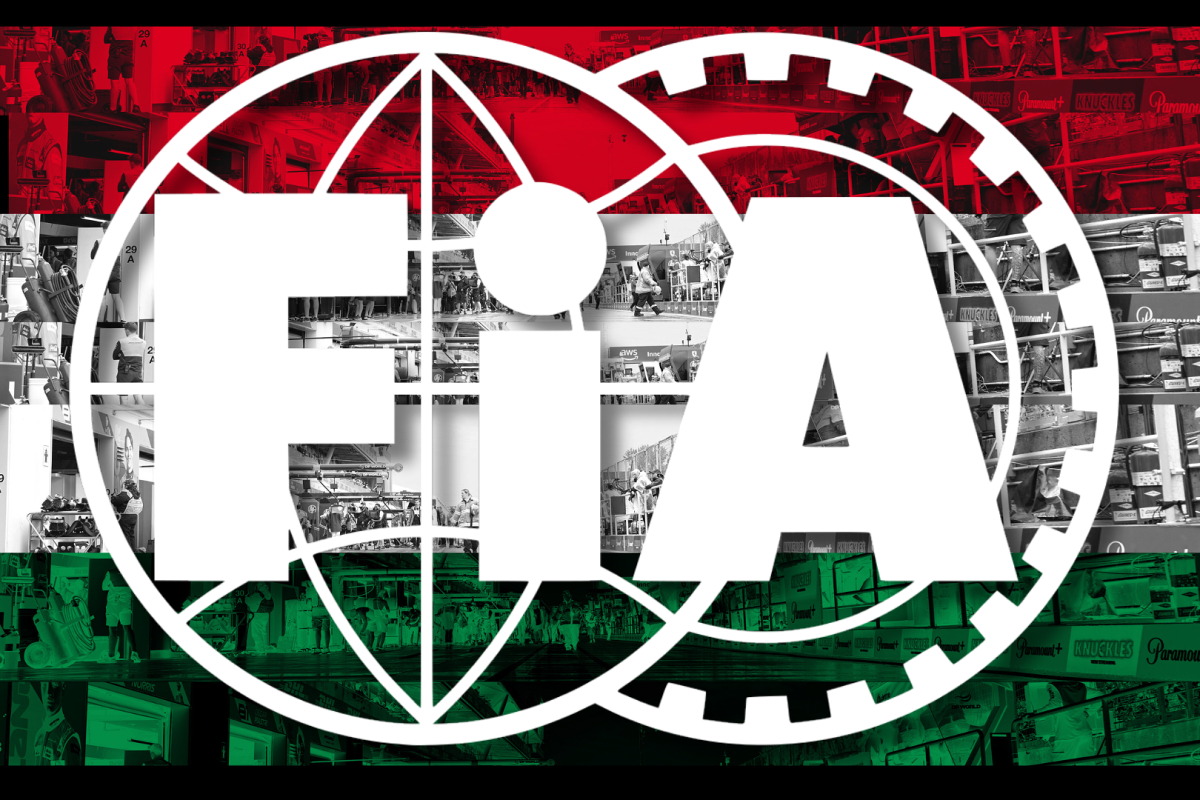 White FIA logo in front of a red, white and green Hungarian flag background