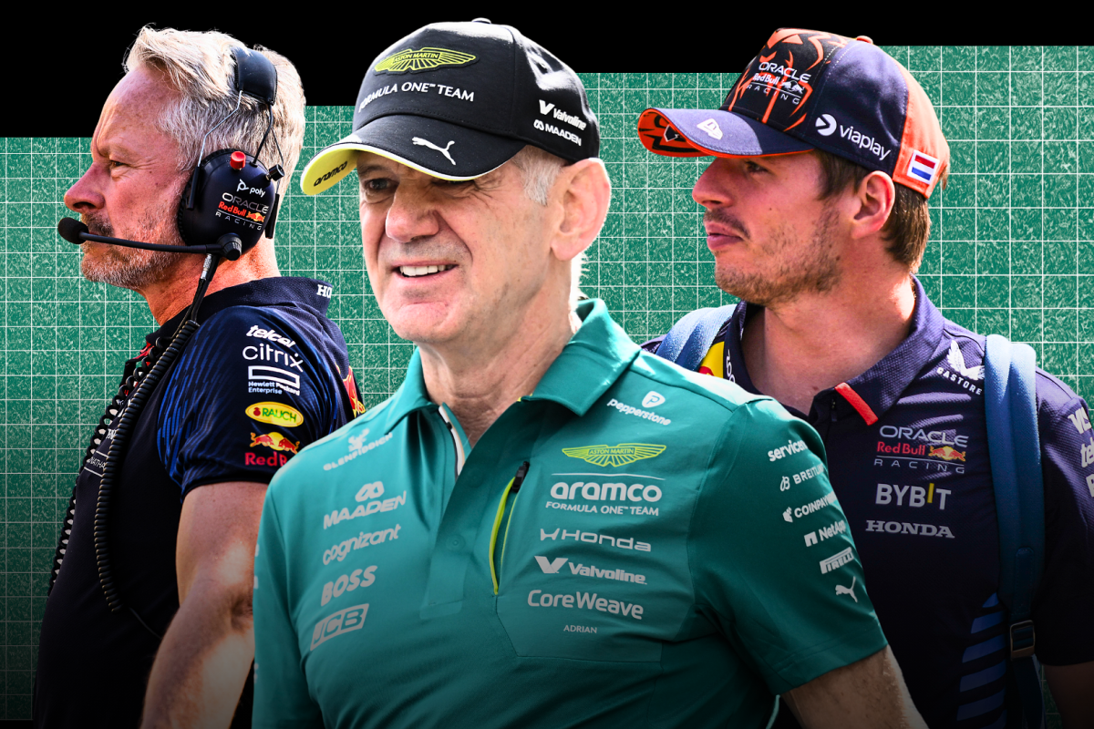 An edited image of Adrian Newey smiling flanked by Jonathan Wheatley and Max Verstappen in Red Bull uniform