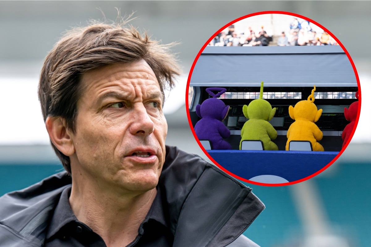 Toto Wolff is shown looking at Teletubbies on the pitwall