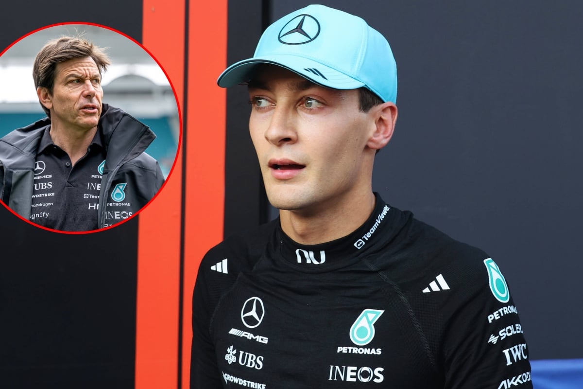 Picture of Russell from chest up in Mercedes black race suit and turquoise cap with circular inset image of Wolff looking concerned in Mercedes black coat and red circular outline