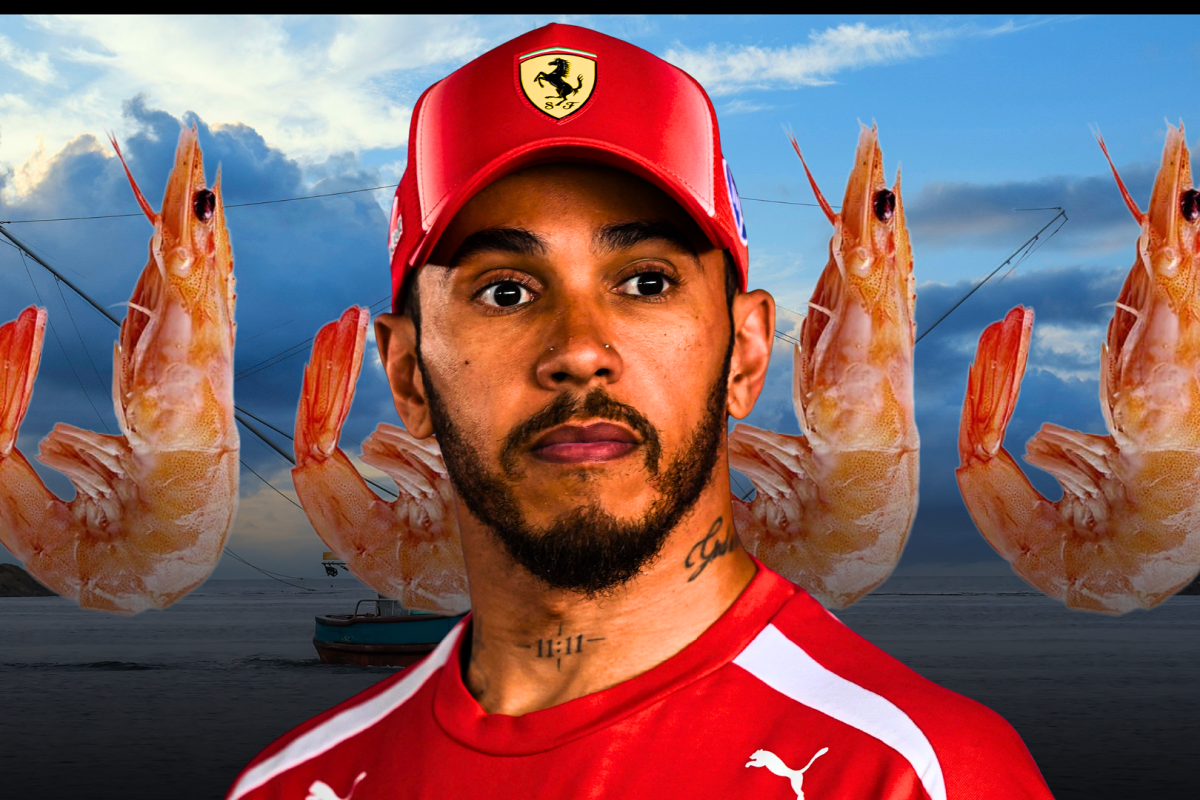 Hamilton in Ferrari F1 kit with a straight face edited on a background of a fishing boat and four shrimp