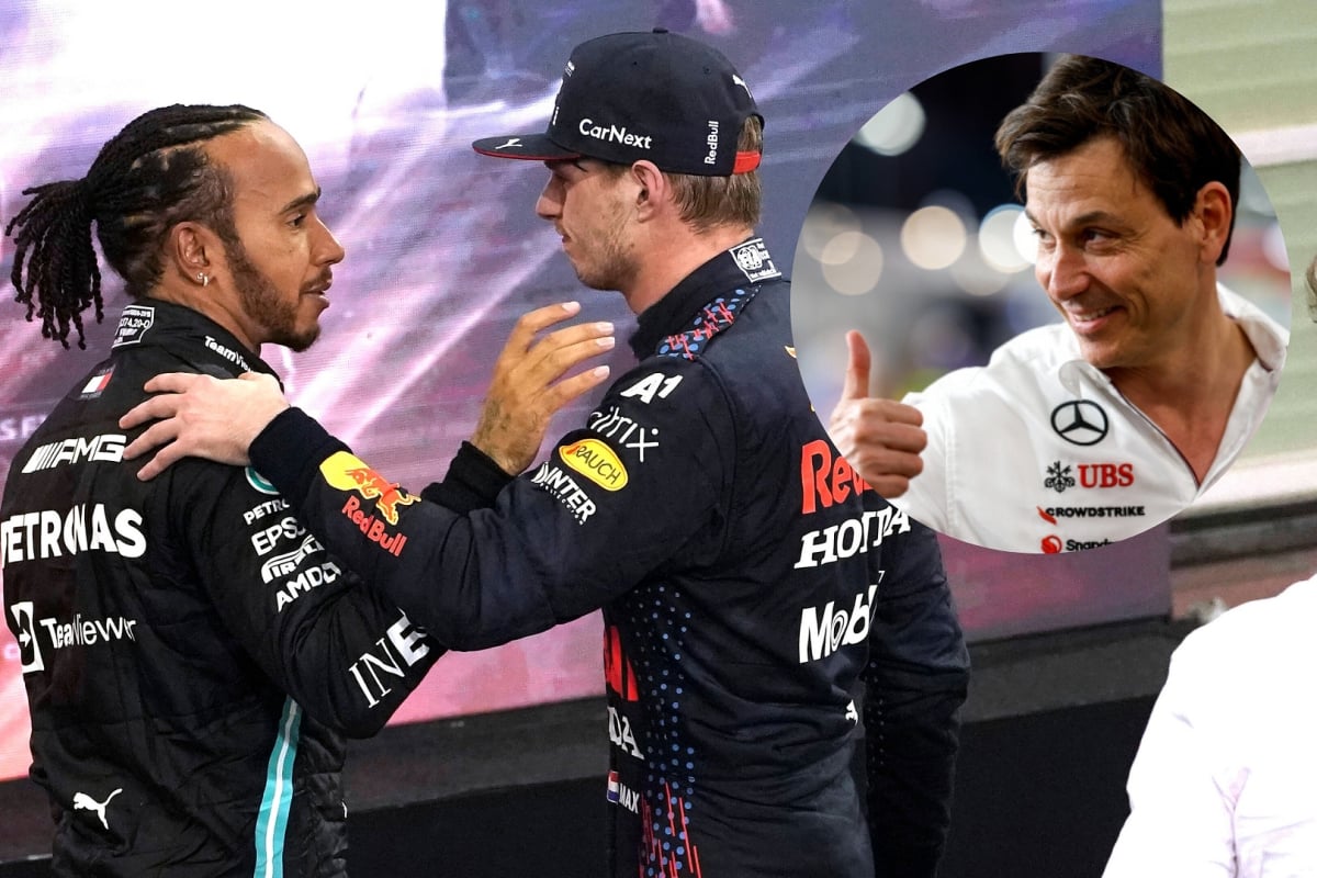 Max Verstappen consoles Lewis Hamilton after Abu Dhabi 2021, with a Toto Wolff thumbs up inset