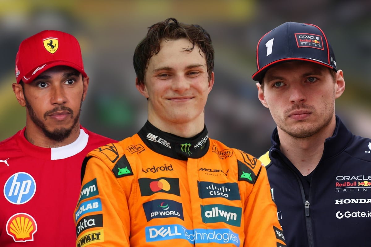 Oscar Piastri grins as he is flanked by Lewis Hamilton and Max Verstappen