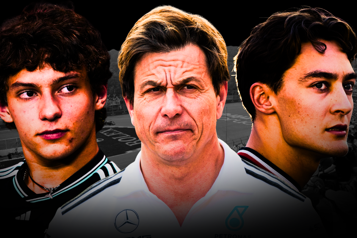Toto Wolff, Kimi Antonelli and George Russell of Mercedes cast glum looks