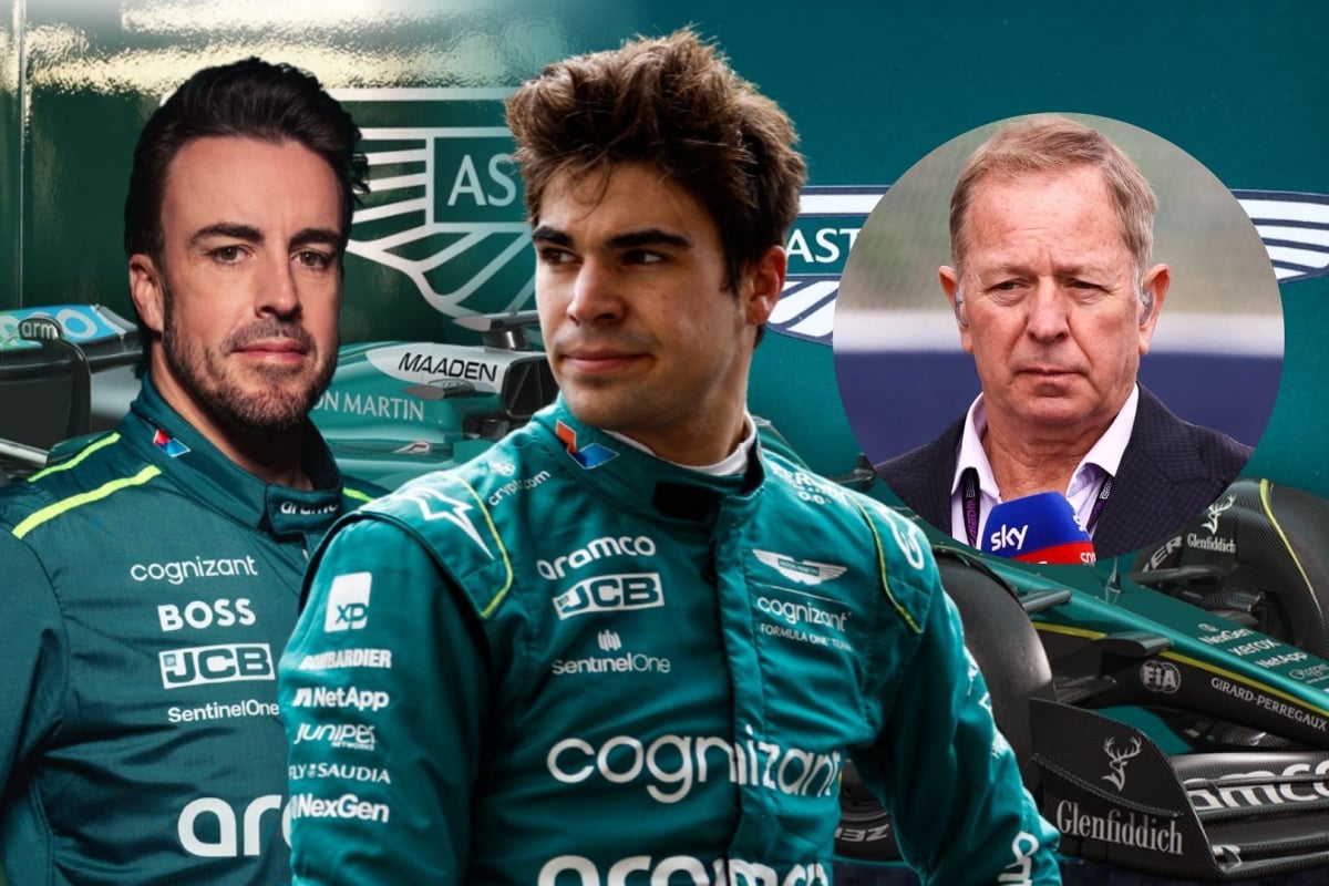 Martin Brundle is an inset in a photo of Fernando Alonso and Lance Stroll for Aston Martin