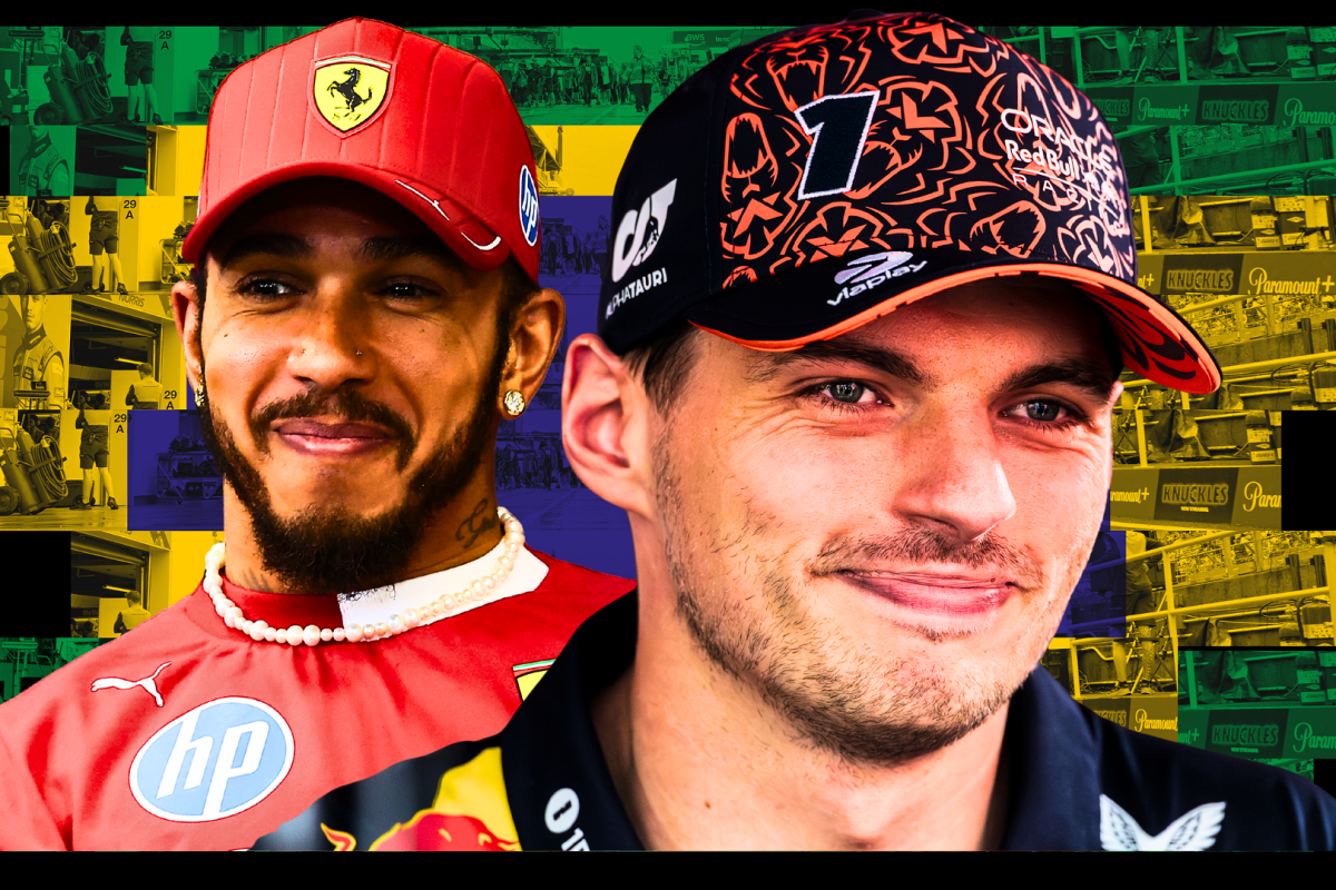 Composite image of a smiling Hamilton in Ferrari kit and a happy Verstappen in Red Bull gear in front of a Brazilian flag-themed paddock background