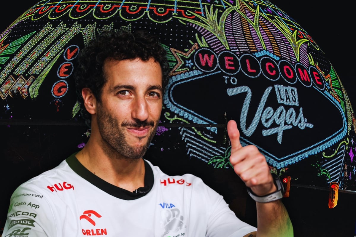 Ricciardo smirking and giving a thumbs up in old VCARB kit edited in front of a lit Las Vegas sphere