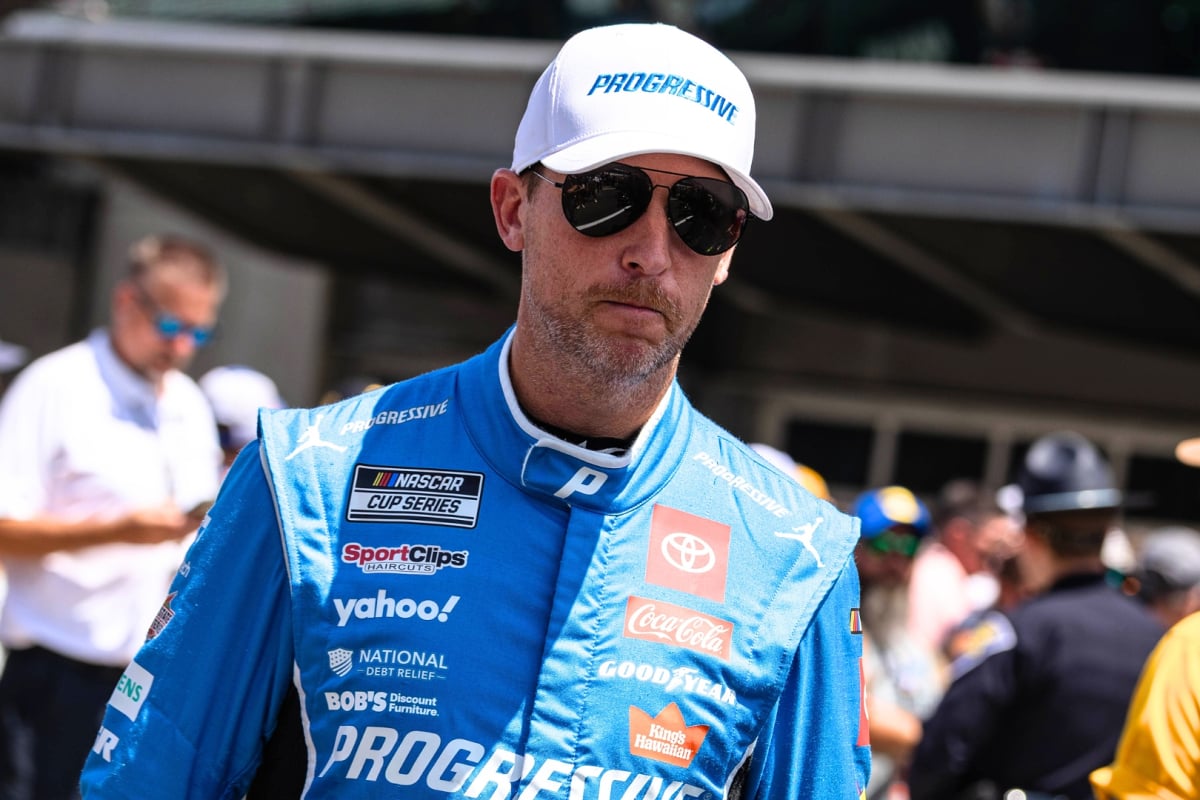 A generic image of NASCAR driver Denny Hamlin looking disappointed