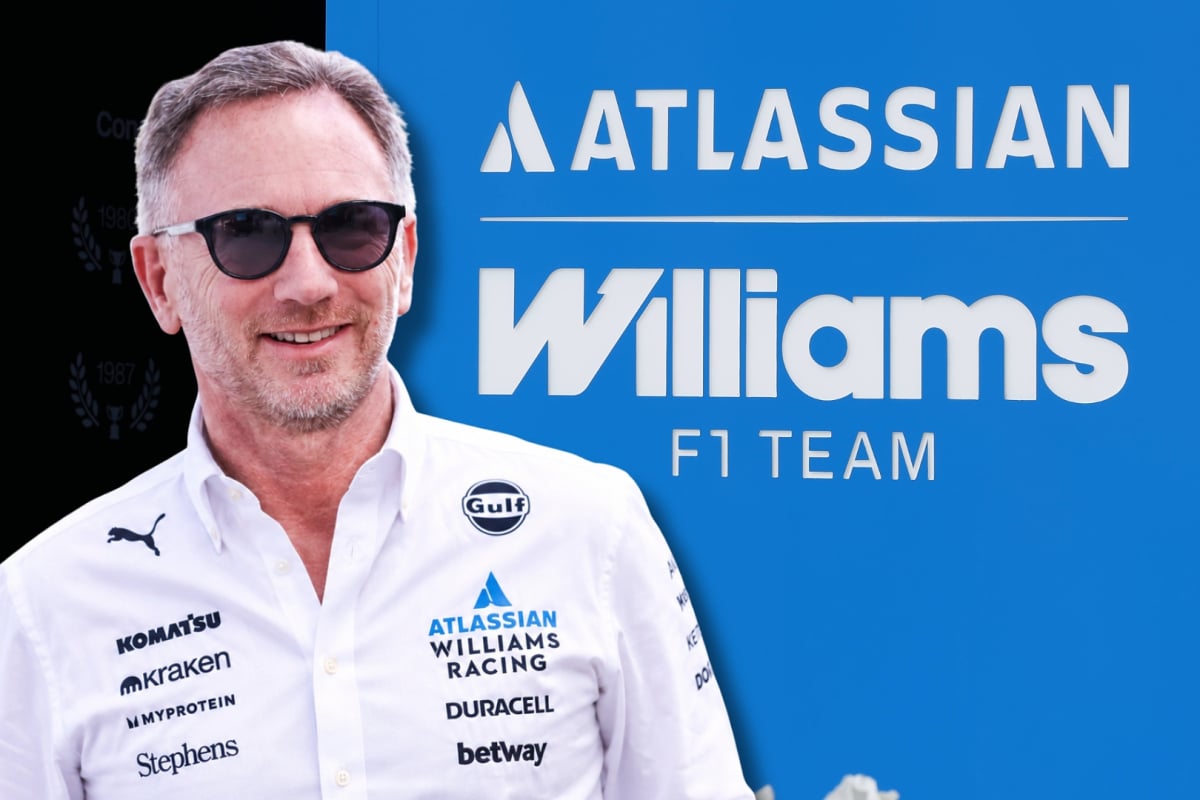 Christian Horner is mocked up in a Williams shirt next to its logo