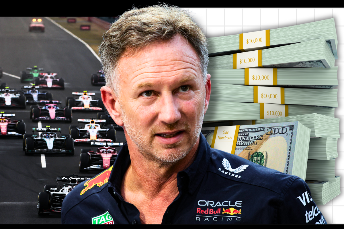 Horner in Red Bull kit looking concerned with a background of the F1 grid and a pile of US dollars