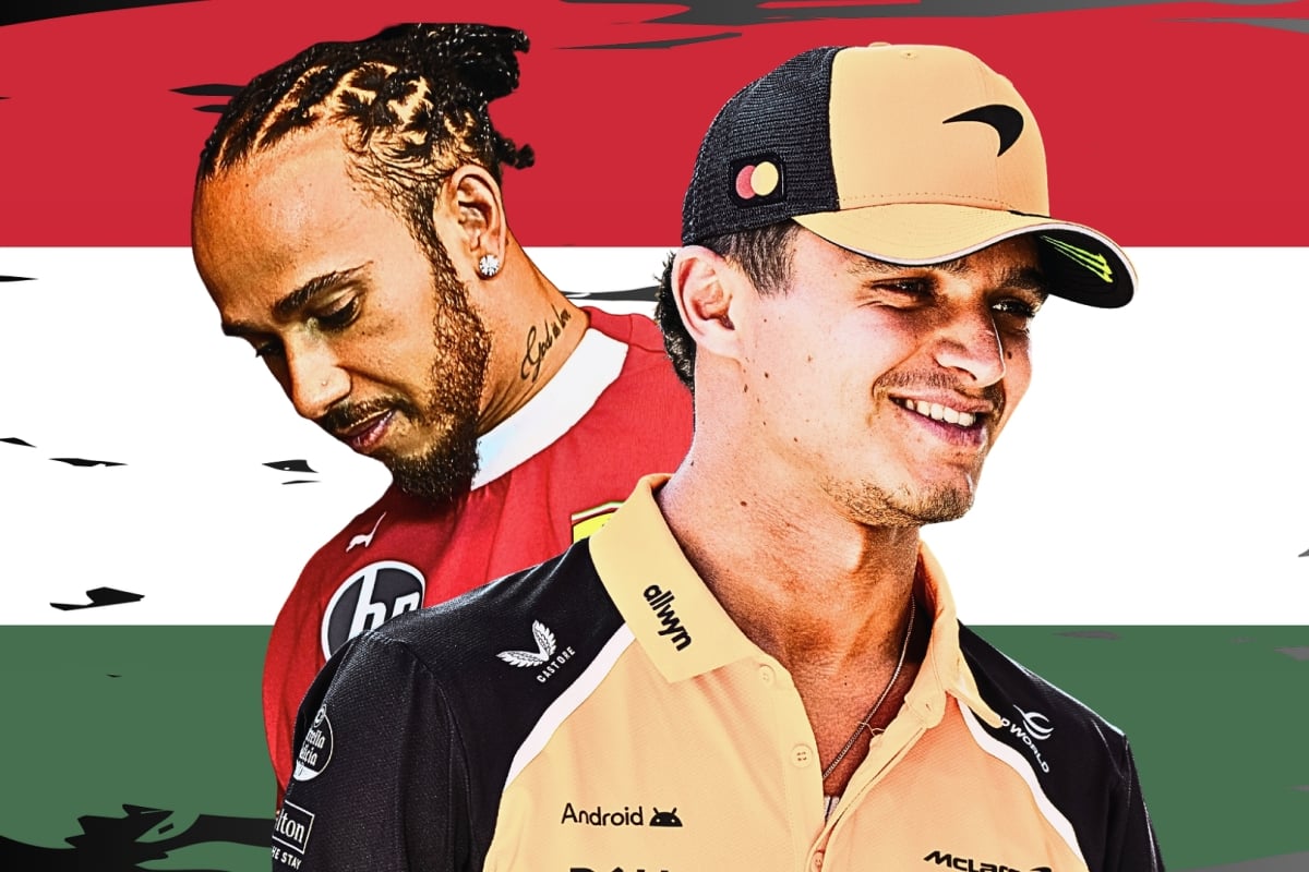 Image of Lewis Hamilton and Lando Norris in front of a sketch of the Hungarian flag