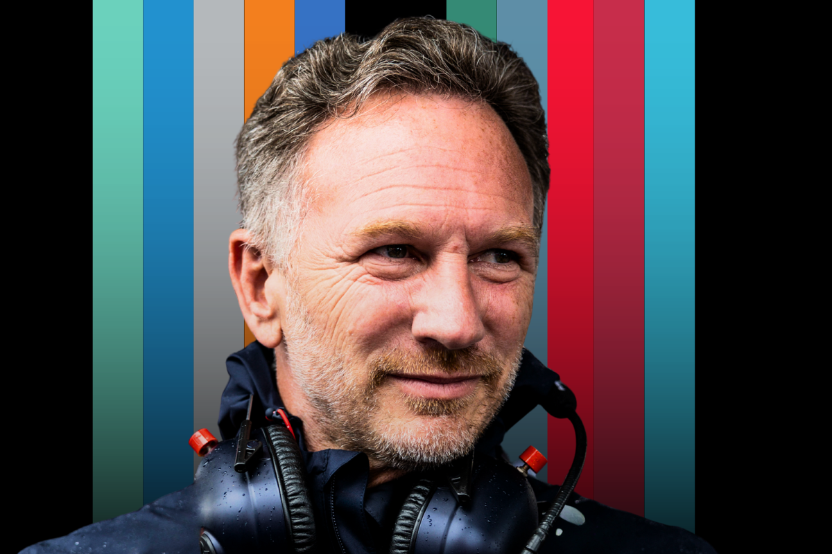 Headshot of Horner in Red Bull F1 top with headphones around his neck edited with a black background with multi-coloured stripes down the middle