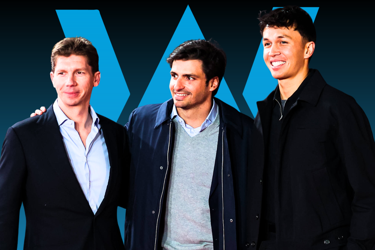Vowles, Sainz and Albon posing for a group picture with an edited Williams logo background