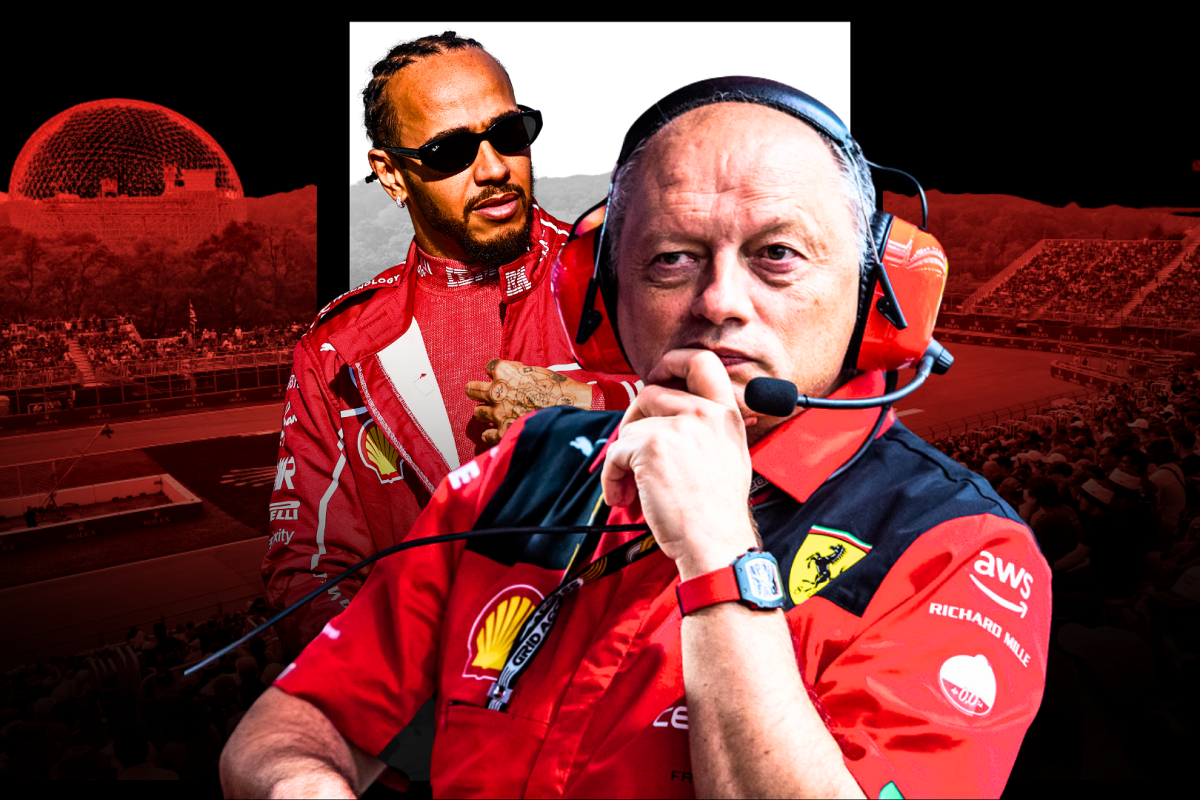 Hamilton and Vasseur in Ferrari kit looking concerned with red and white Canadian GP background