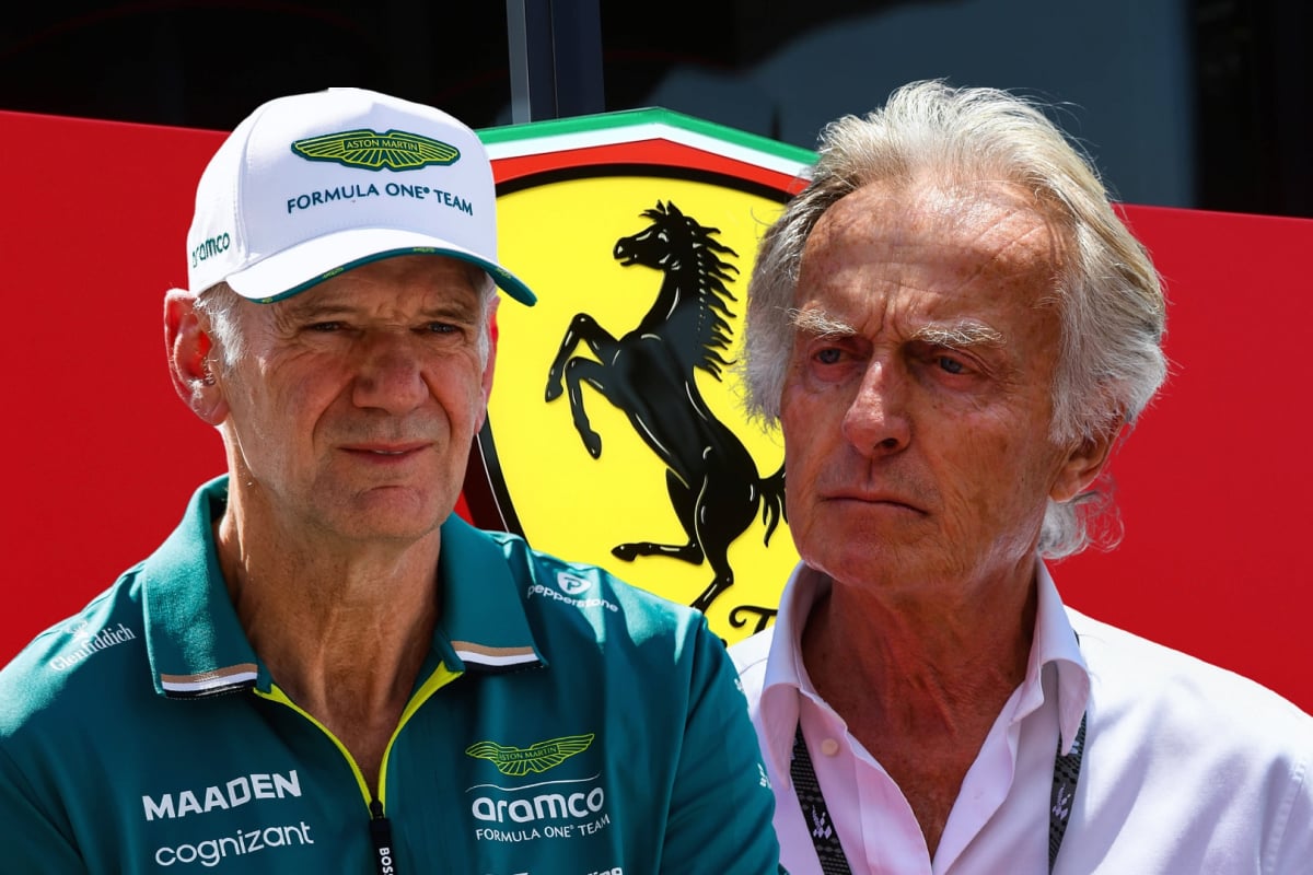 Composite image of Ferrari logo with Newey in Aston Martin kit and Luca di Montezemolo next to him